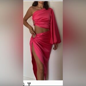 Hot Pink Satin Two-Piece Skirt Set